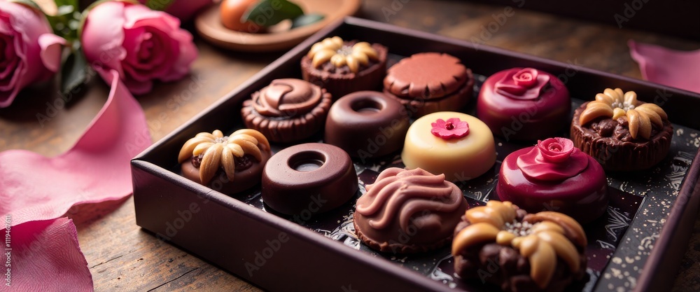 Poster a box of assorted chocolates with a variety of colors and flavors. the box is placed on a table, and