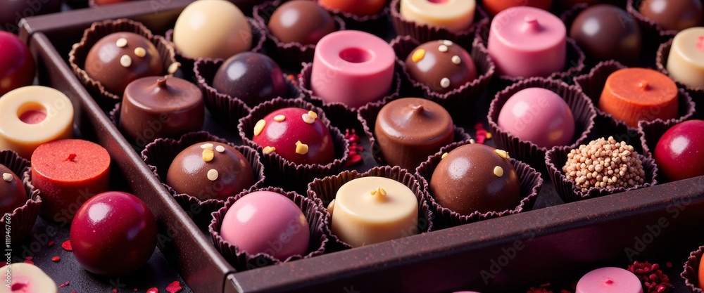 Poster a box of assorted chocolates with a variety of colors and flavors. the box is placed on a table, and
