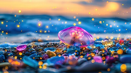At night, there are colorful pebbles on the beach, with a few pieces of colored glass sandwiched in between. Fireflies dance in the air, and a huge 