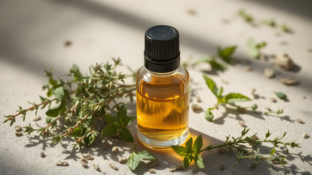 Thyme extract essential oil with fresh thyme herbs isolated on white background.medicine herbs. Natural beauty skin care products.