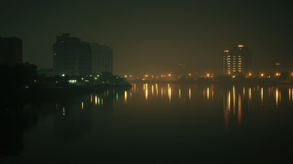 Obraz premium Tall buildings casting faint reflections on a calm river during a peaceful New Years night