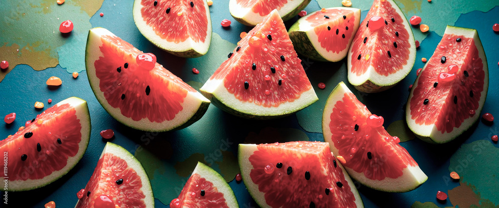 Poster a close up of a bunch of watermelon slices on a table. the slices are cut in half and arranged in a 