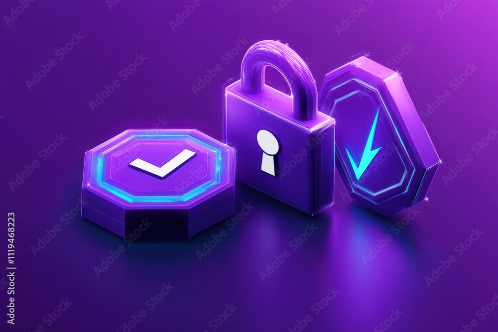 Poster purple lock and checkmark icons symbolizing security and verification