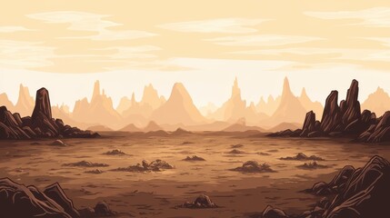 Naklejka premium Panoramic view of a vast, desolate desert landscape under a pale sky, featuring rocky formations and a flat, barren terrain.