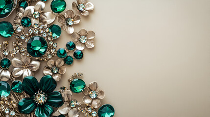 Beautiful materials for creating jewelry. Emerald green rhinestones, hair comb bases and metal fittings on a plain paper background       ai generative