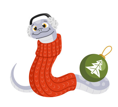 Cute gray christmas snake with earmuffs. Symbol of 2025 New Year wear xmas knit sweater. Isolated vector illustration on white background.