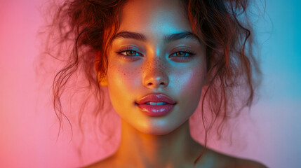 Freckled woman with curly hair in colorful light portrait