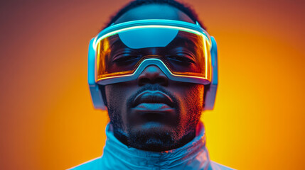 Futuristic african american man wearing high-tech visor against vibrant orange background