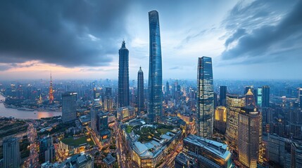 Fototapeta premium Tall skyscrapers in a peaceful cityscape under the soft light of a cloudy New Years night sky.
