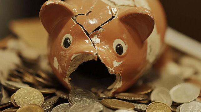 Broken piggy bank with coins scattered around, symbolizing financial struggle and the need for careful budgeting and saving.