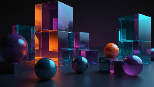 A 3D abstract scene featuring translucent cubes and spheres, layered in gradient tones of purple, orange, and cyan, casting subtle shadows on a dark surface.