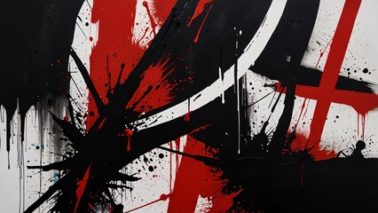 A bold abstract composition with chunky black shapes, sharp red streaks, and splashes of white paint, evoking the feel of modern street art.