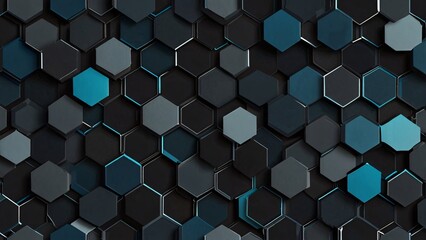 A clean, modern abstract design with overlapping hexagons, shaded in metallic silvers and blues, forming a tech-inspired pattern on a dark gray background.