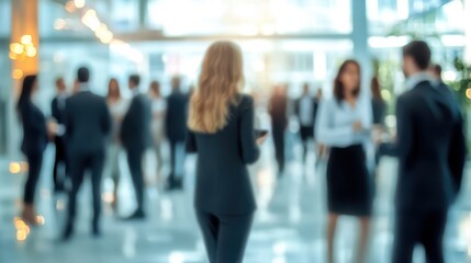 A softly blurred networking event featuring business professionals in formal attire, mingling and conversing in a modern venue with warm lighting, creating a vibrant yet professional atmosphere