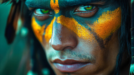Obraz premium Man with colorful face paint and intense expression close-up
