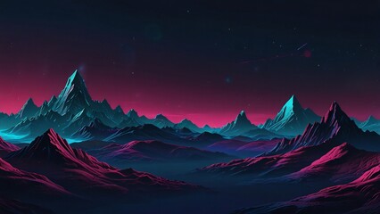 A futuristic abstract landscape with sharp triangular peaks, glowing outlines, and deep gradients of navy blue, teal, and magenta, resembling a sci-fi horizon.