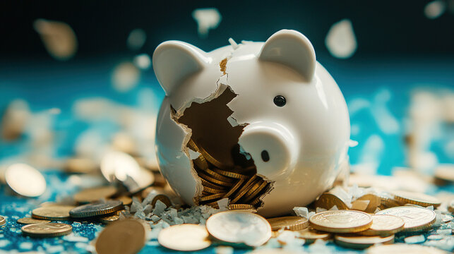 Broken piggy bank with coins scattered around, symbolizing financial struggle and the need for careful budgeting and saving.