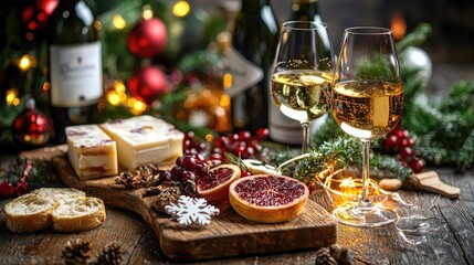 Christmas food with wines and spirit drinks