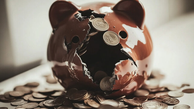 Broken piggy bank with coins scattered around, symbolizing financial struggle and the need for careful budgeting and saving.