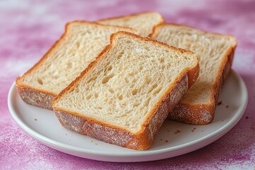 Slices of fresh white bread on a plate, pink background