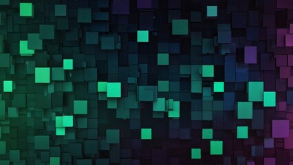 An abstract design of scattered pixelated squares in a gradient from dark purple to vibrant green, giving a digital and modern vibe.