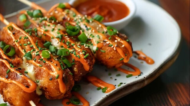 Korean corn dogs with sauce and green onion on plate