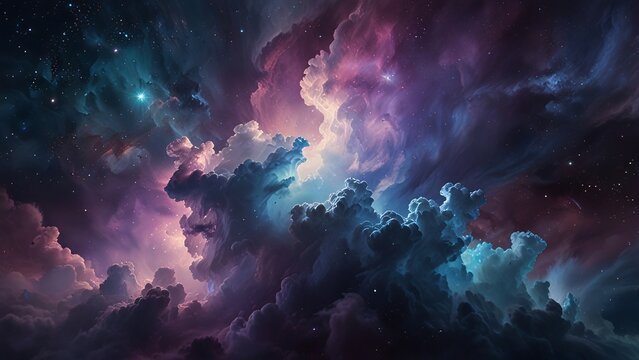An ethereal abstract design of glowing, overlapping clouds, radiating soft blues, purples, and whites, like a dreamy nebula formation.