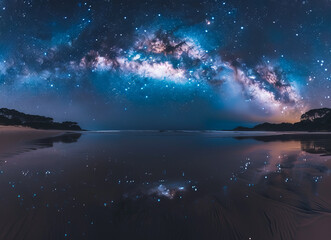 Fototapeta premium Stunning banner of a starry night sky, featuring the Milky Way in vibrant colors. Perfect for social media covers or screensavers, showcasing a high-resolution celestial landscape.