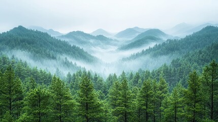 Misty mountain forest landscape.