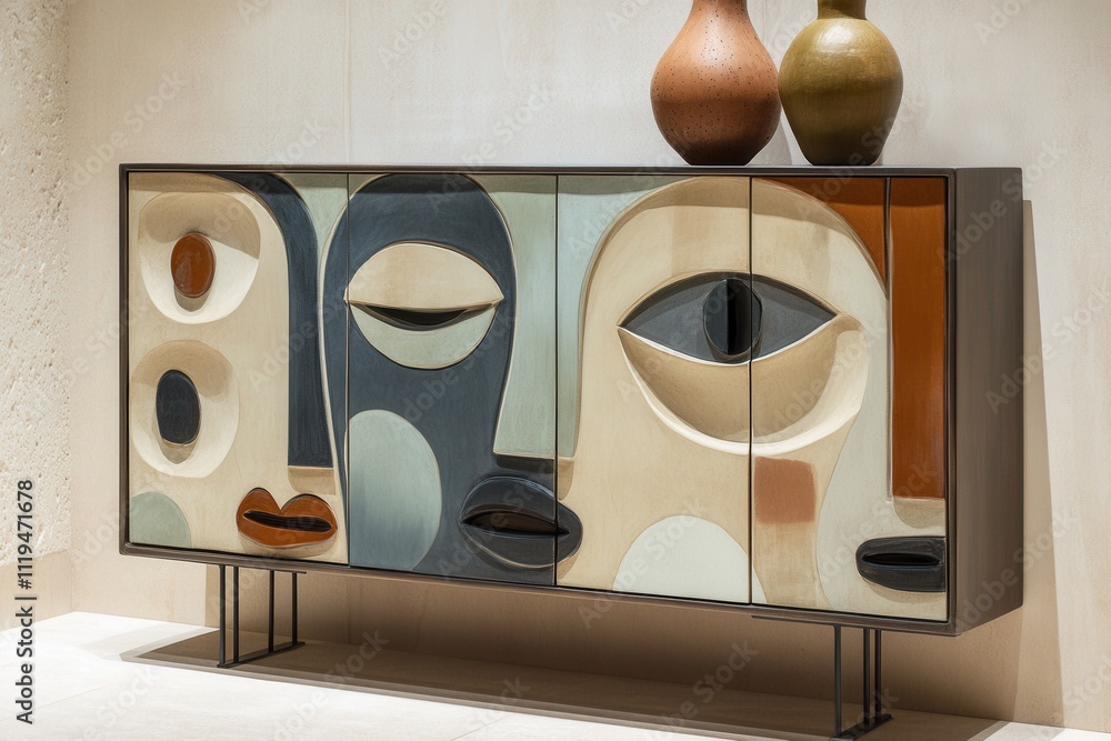 Poster modern sideboard featuring abstract face design with geometric shapes