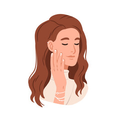 Beautiful woman touching face skin, cheek with neat hand, groomed nails. Delicate female beauty. Young pretty gentle girl with eyes closed. Flat vector illustration isolated on white background