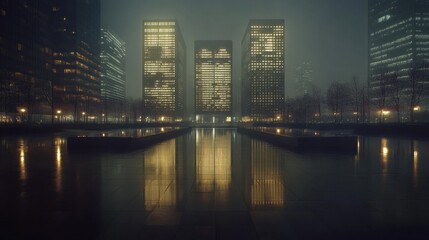 Obraz premium Towering buildings under the stillness of New Year night, their reflections glowing faintly on wet pavement.