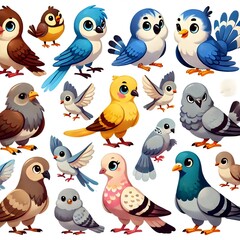 Fototapeta premium Colorful set of cartoon birds - brown sparrows, blue parakeets, white doves, yellow titmouse and grey pigeons. Feathered characters couples in different .. (1)_Nero AI_Photo
