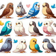 Fototapeta premium Colorful set of cartoon birds - brown sparrows, blue parakeets, white doves, yellow titmouse and grey pigeons. Feathered characters couples in different .. (1)_Nero AI_Photo