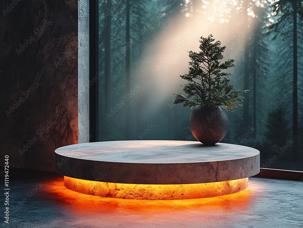 Poster minimalist podium in misty forest with soft lighting for product display and presentation concept