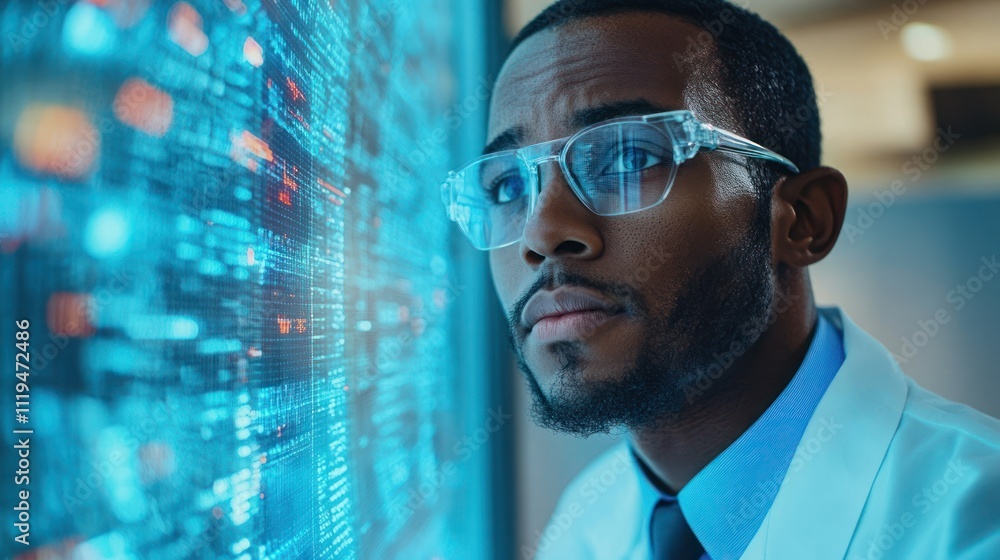Poster focused scientist reviewing data on a large screen.
