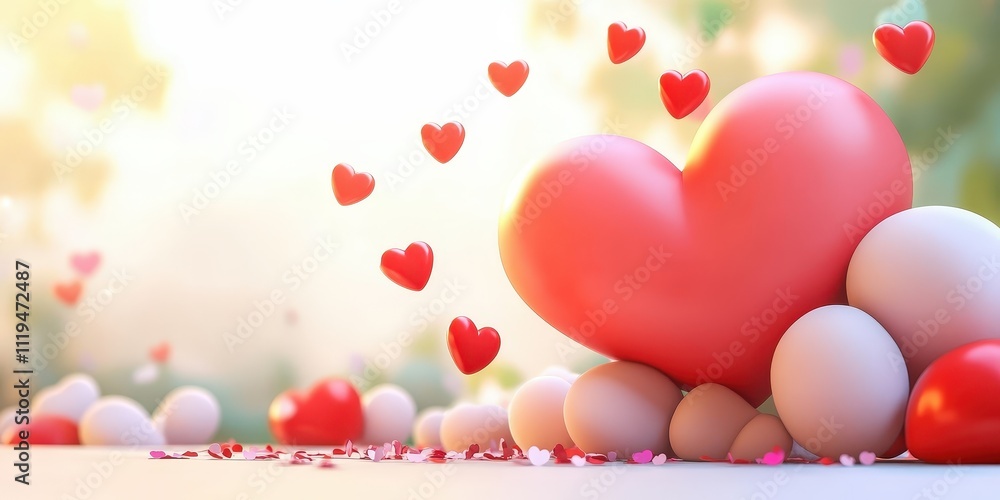 Poster cheerful display of fluffy pink hearts set against a soft blurred background with gentle light and a