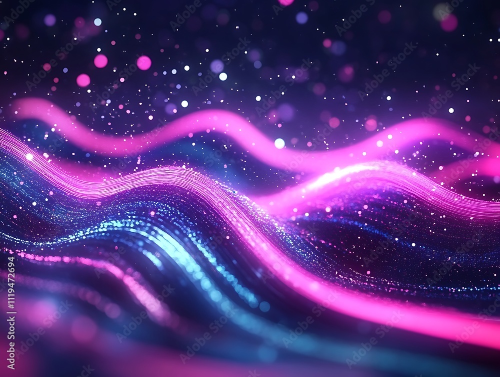 Poster abstract background with pink blue glowing neon lines and bokeh lights. data transfer concept. digit