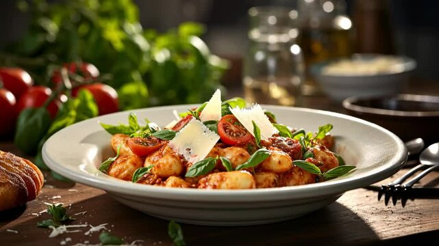 A vibrant plate of gnocchi topped with tomatoes, basil, and cheese, showcasing Italian cuisine.