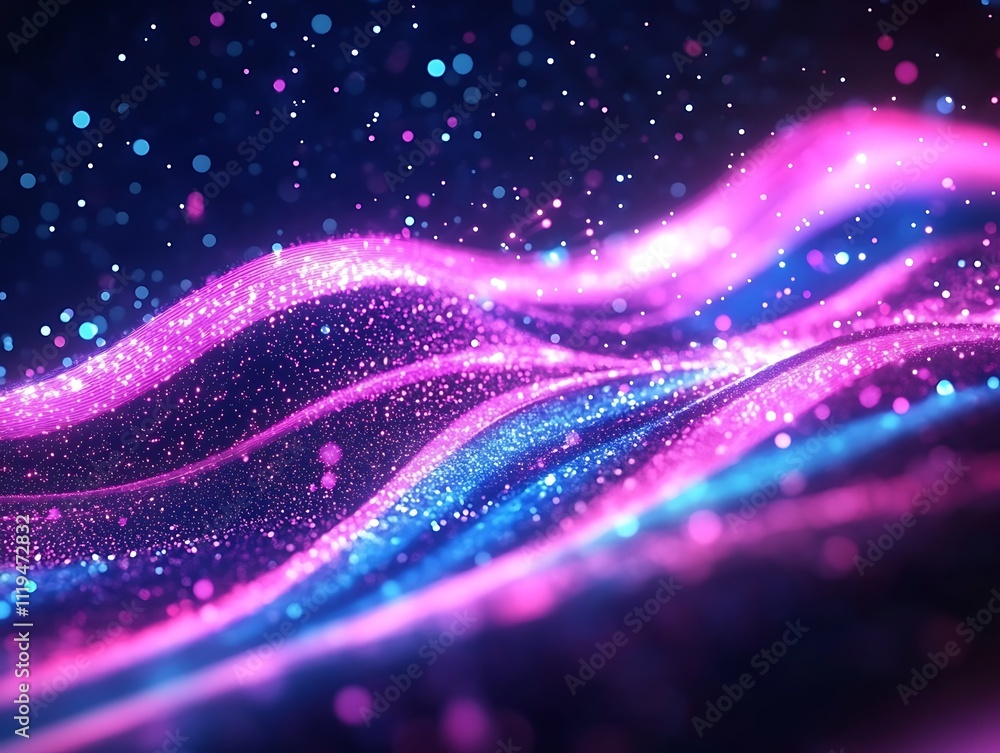 Poster abstract background with pink blue glowing neon lines and bokeh lights. data transfer concept. digit