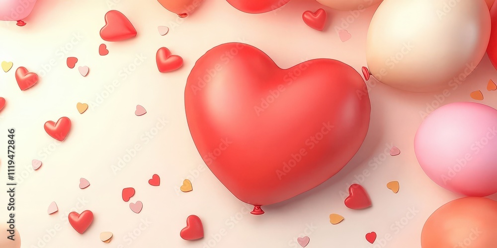 Poster cheerful flat lay featuring an array of fluffy pink and red balloons with heart shapes ideal for val