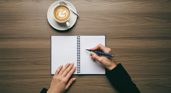 Writing check list concept. Pov top above overhead close up view photo of female hand making notes in empty notepad near white plaid and hot cup of coffee