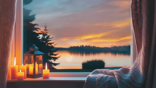 Enjoy the beauty of sunset with Lanterns and candles lit in the window. 4k time lapse video background that loops infinitely