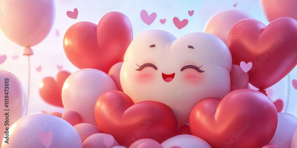 Poster cheerful flat lay featuring an array of fluffy pink hearts and balloons with smiling character for j
