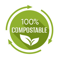 100 percent Compostable badge. Circle with renew sign