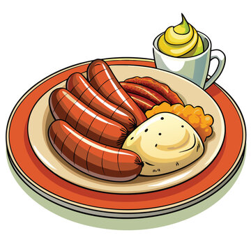 recommend clip art: A plate of delicious sausages. mashed potatoes. and gravy.