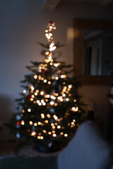 Christmas tree defocus bokeh effect. Festive mood. 