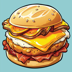 A cartoon burger with melted cheese. bacon. and a fried egg.