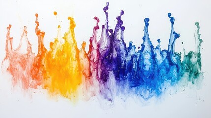 Exploding liquid paint in rainbow colors with splashes on white background