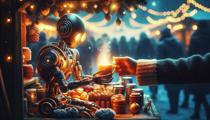 Fototapeta premium Christmas market kindness between robot and kind vendor